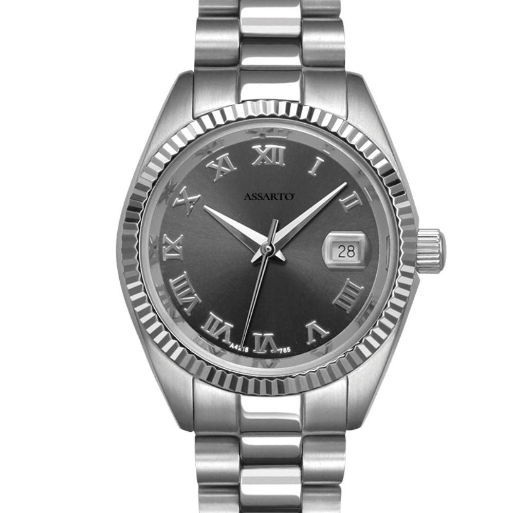 ASSARTO TIMELESS Damenuhr schwarzes Zifferblatt Edelstahlarmband silber