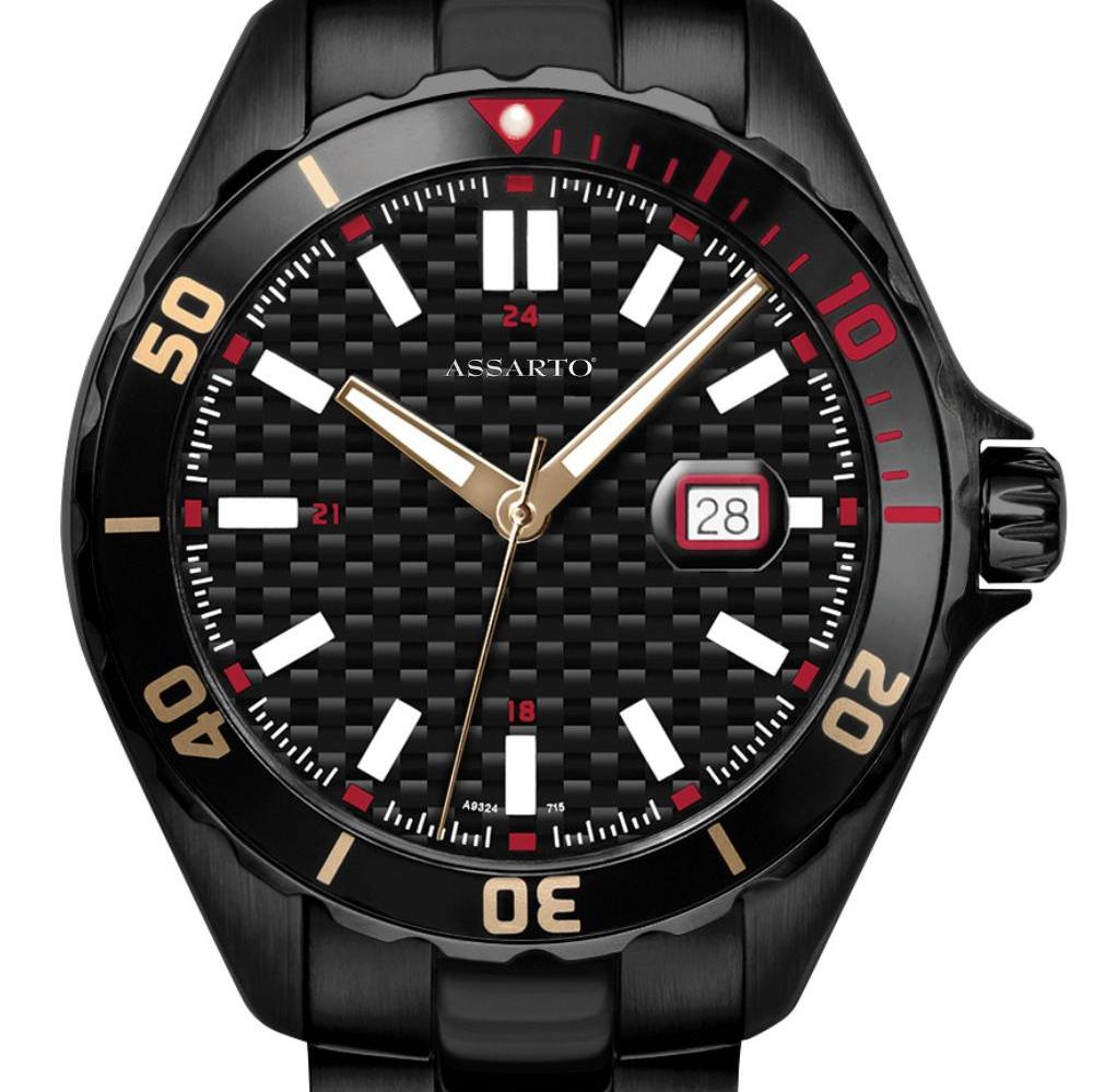 ASSARTO Seapearl Herrenuhr carbon Zifferblatt Edelstahlarmband schwarz