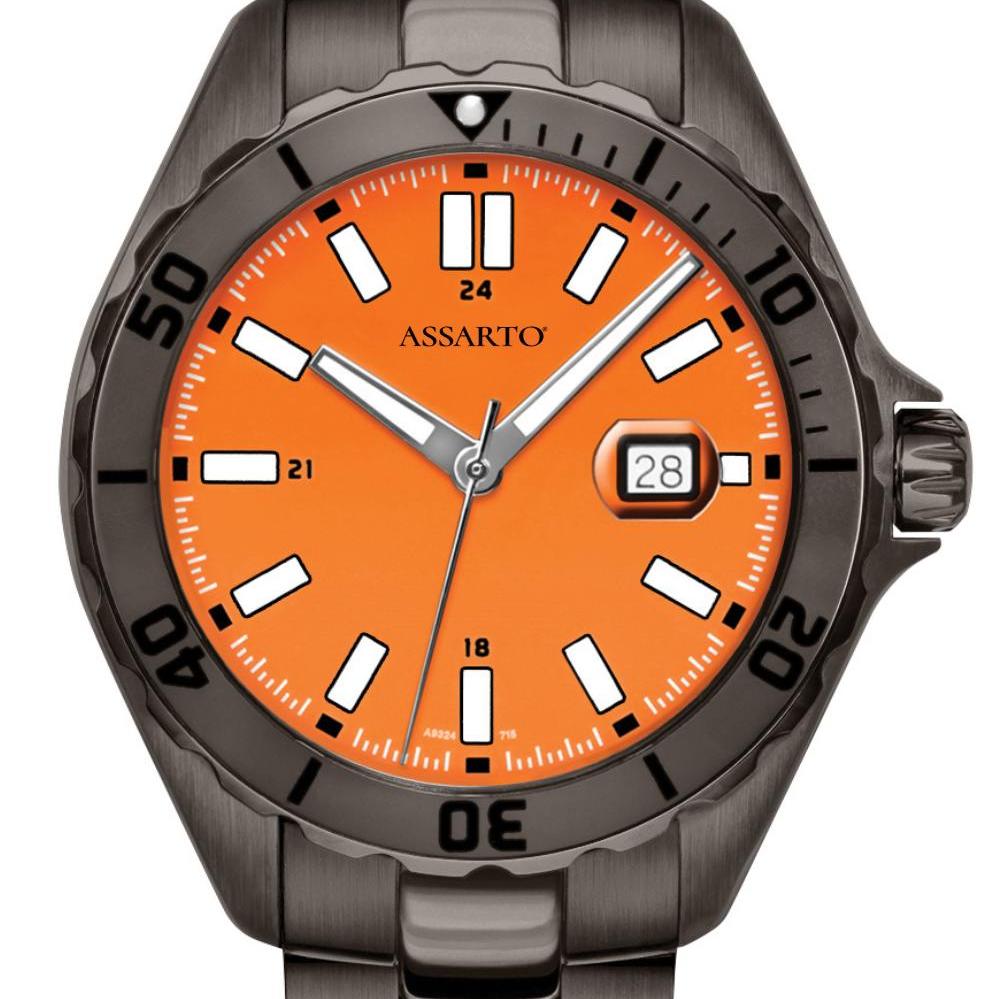 ASSARTO Seapearl Herrenuhr oranges Zifferblatt Edelstahlarmband grau