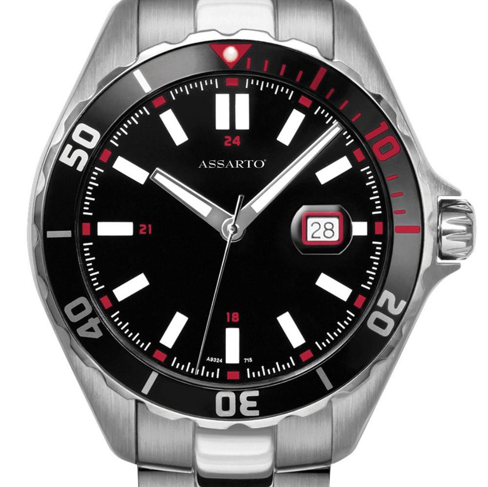 ASSARTO Seapearl Herrenuhr schwarzes Zifferblatt Edelstahlarmband silber