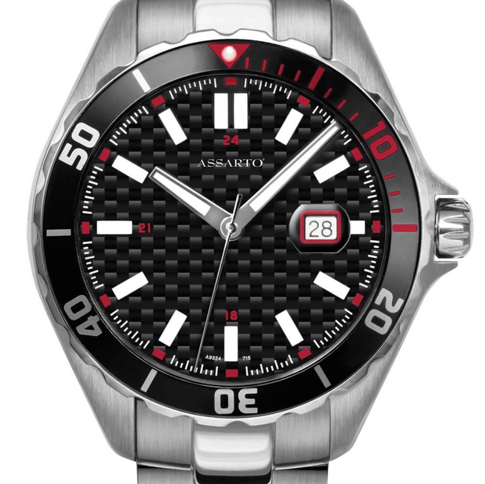 ASSARTO Seapearl Herrenuhr carbon Zifferblatt Edelstahlarmband silber