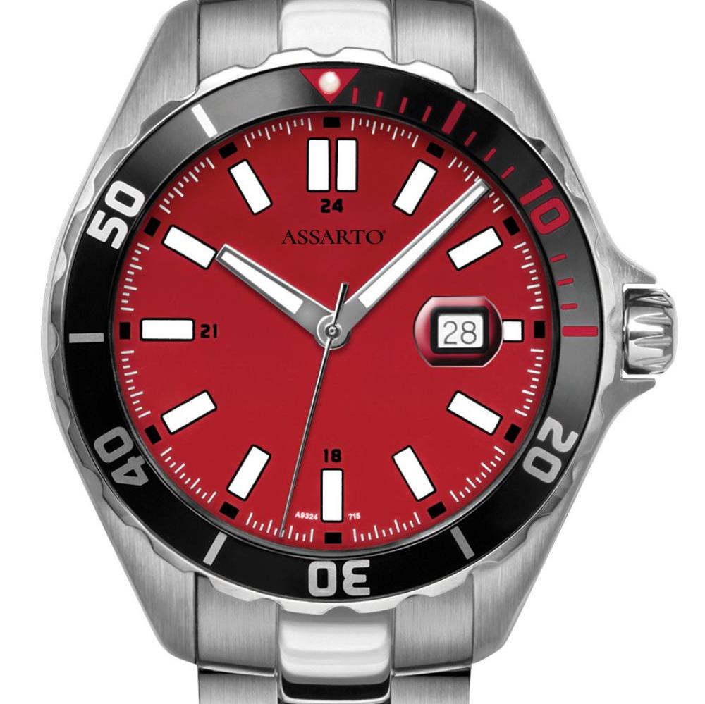 ASSARTO Seapearl Herrenuhr rotes Zifferblatt Edelstahlarmband silber