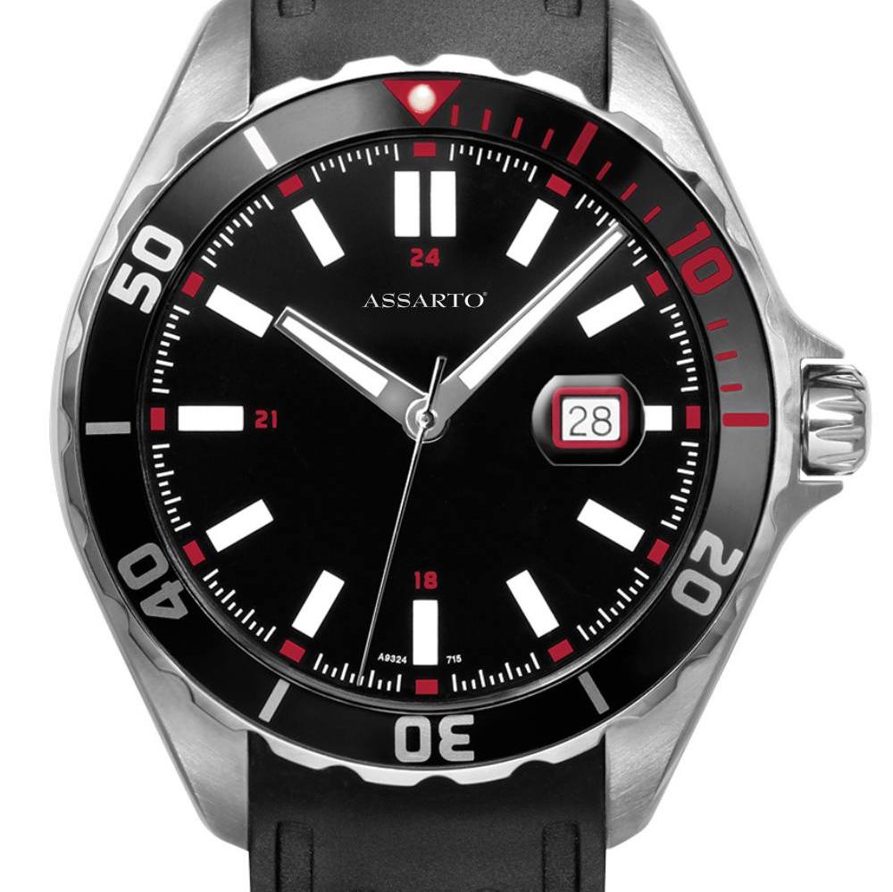 ASSARTO Seapearl Herrenuhr schwarzes Zifferblatt schwarzes Silkonarmband