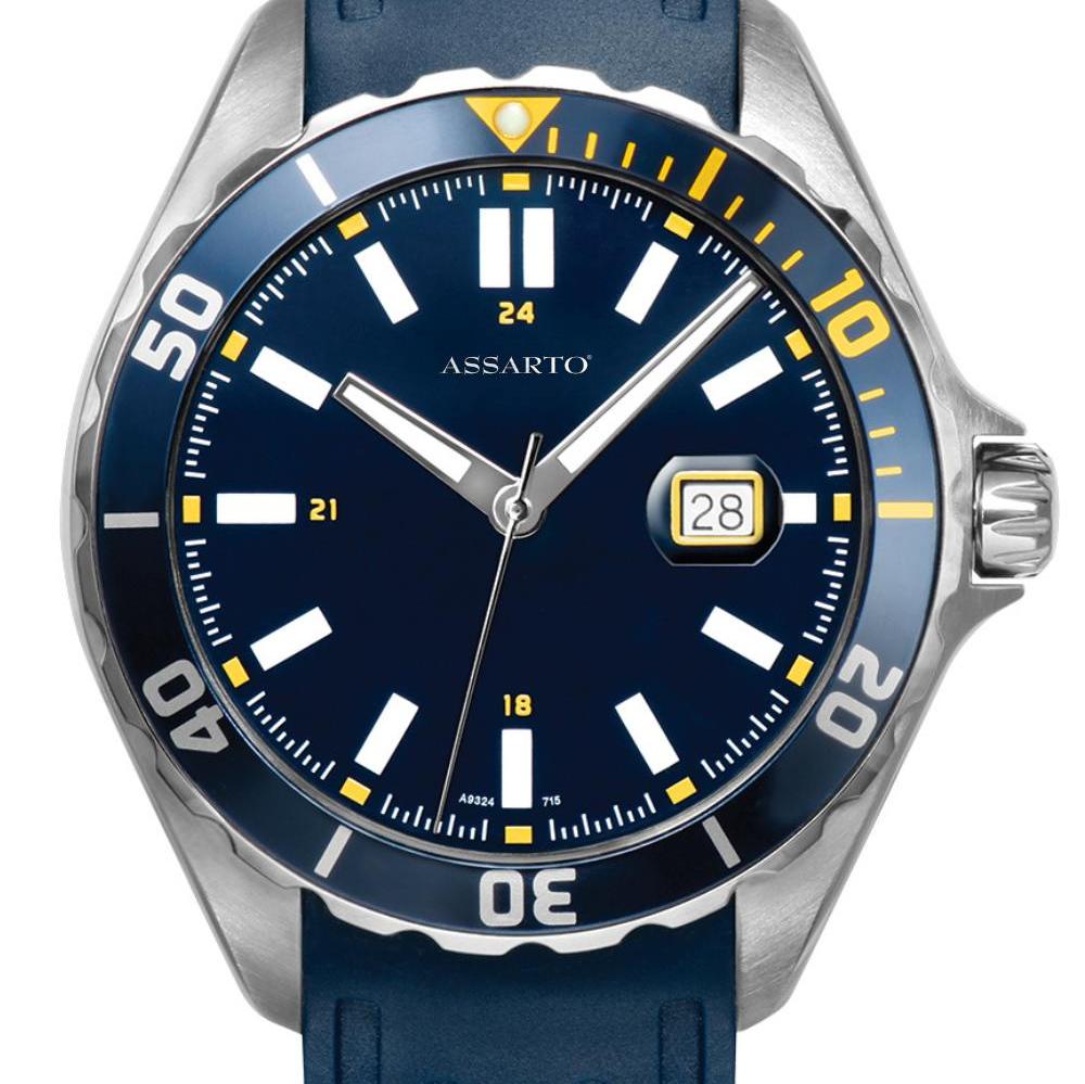 ASSARTO Seapearl Herrenuhr blaues Zifferblatt blaues Silkonarmband