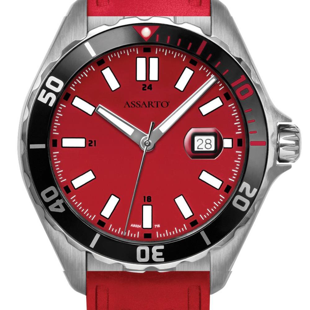 ASSARTO Seapearl Herrenuhr rotes Zifferblatt rotes Silkonarmband