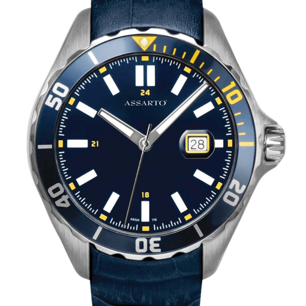 ASSARTO Seapearl Herrenuhr blaues Zifferblatt blaues Lederarmband