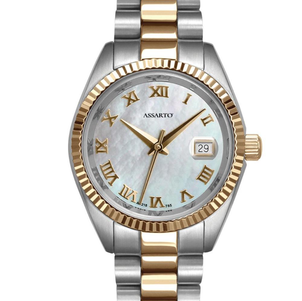 ASSARTO TIMELESS Damenuhr hellblau Zifferblatt Edelstahlarmband bi-color