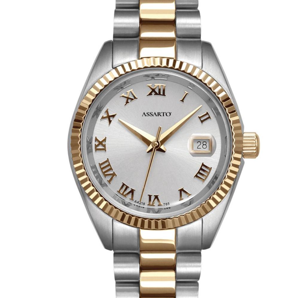 ASSARTO TIMELESS Damenuhr Perlmutt Zifferblatt Edelstahlarmband bi-color