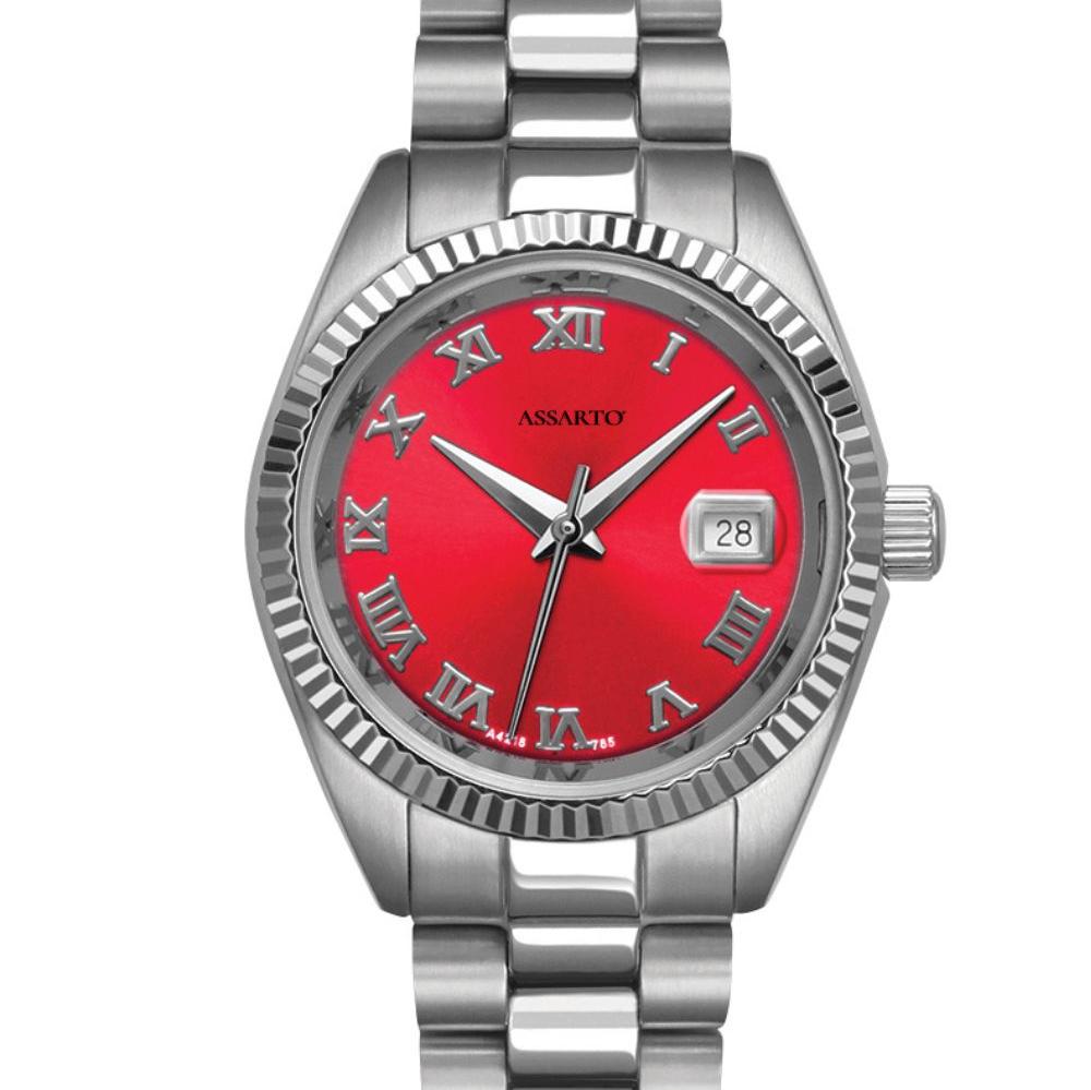 ASSARTO TIMELESS Damenuhr rotes Zifferblatt Edelstahlarmband silber