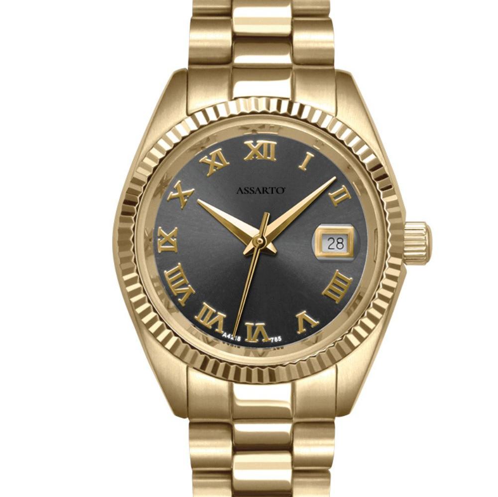 ASSARTO TIMELESS Damenuhr schwarzes Zifferblatt Edelstahlarmband gold
