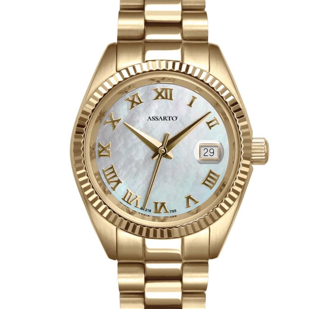 ASSARTO TIMELESS Damenuhr hellblaues Zifferblatt Edelstahlarmband gold